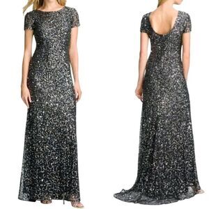 Adrianna Papell Gown Formal Holiday Sequined Fishtail Bustle Train Navy Silver 6
